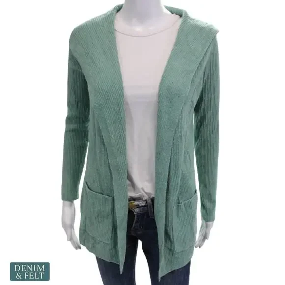 NEW Barefoot Dreams CozyChic Ultra Lite Hooded Ribbed Cardigan Aquamarine XS - Picture 2 of 11